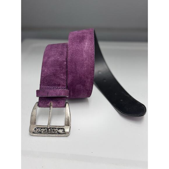 Vintage Linea Pelle Mira K Purple Leather Suede Wide Belt Sz Medium Metal Buckle - Picture 1 of 7